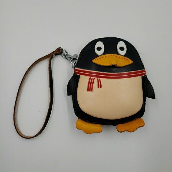 Hand Made Embossed Genuine Leather Penguin Coin Purse Wristlet Wallet Pouch - Picture 10 of 11